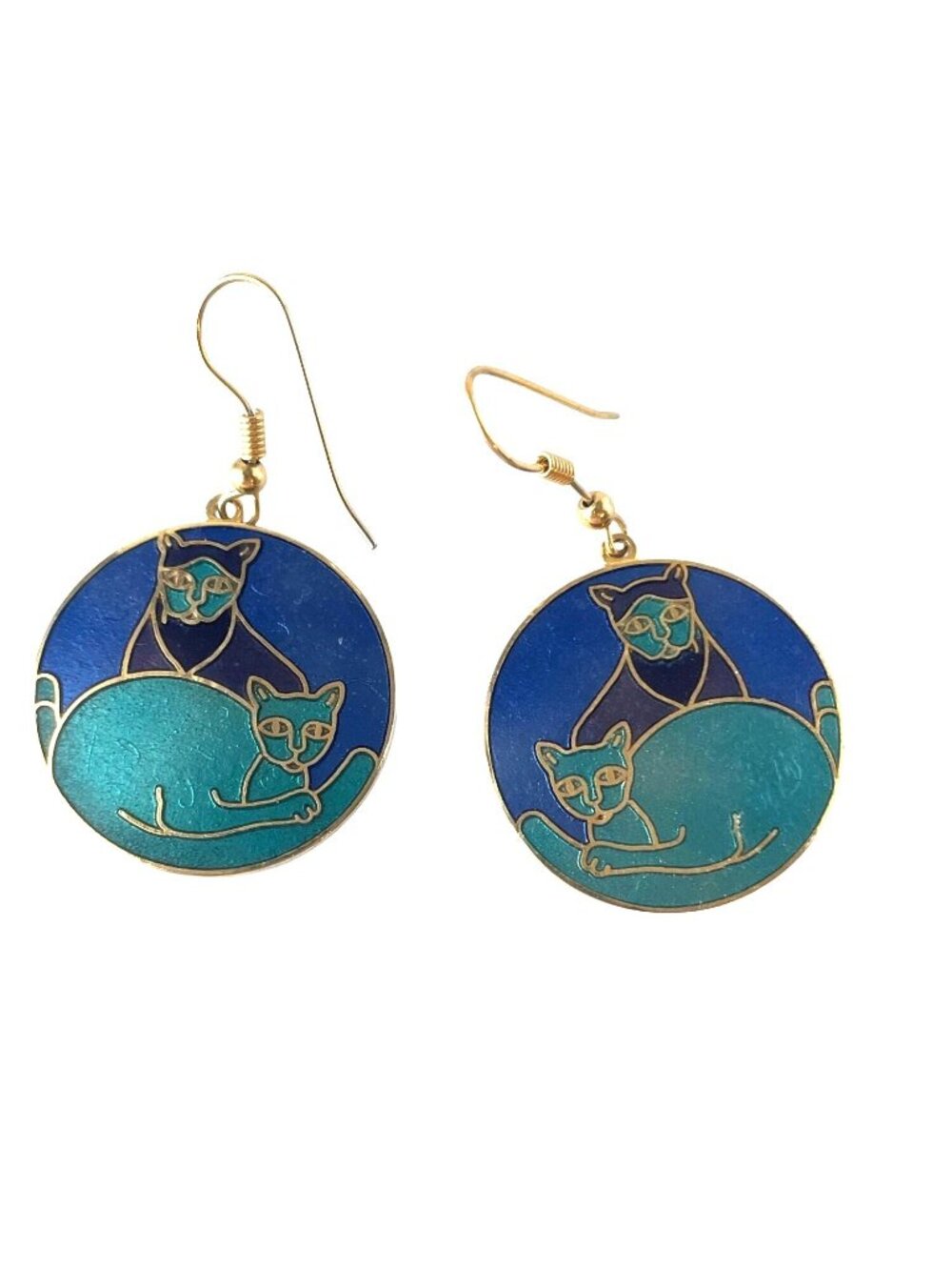 Vintage Cloisonne Cats Earrings 1980s SIGNED Stamped Teal Blue Goldtone